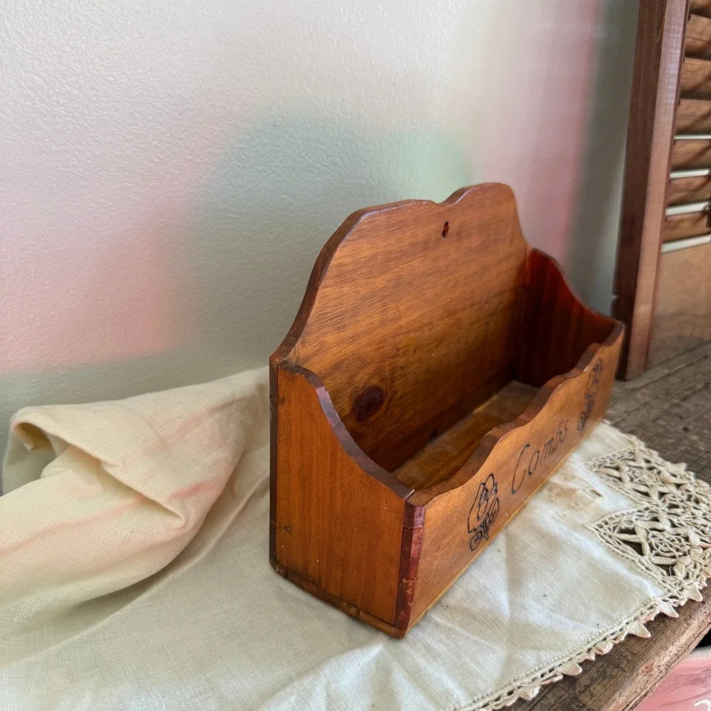 Vintage Wood Burned Wall Hanging Comb Box Organizer Rose Pyrography Rustic Decor